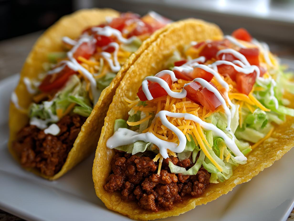 Close-up of two ground beef tacos filled with lettuce, cheese, tomatoes, and sour cream.