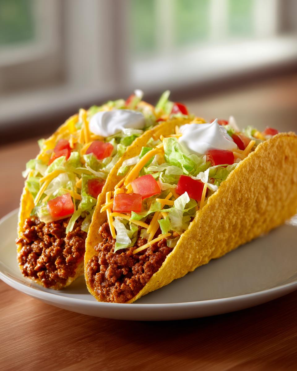 Two ground beef tacos filled with seasoned ground beef, shredded lettuce, diced tomatoes, cheese, and sour cream.