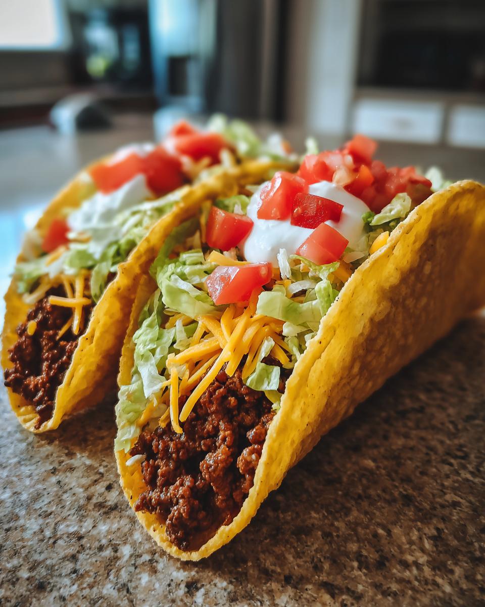 Close-up of two ground beef tacos filled with seasoned ground beef, shredded lettuce, cheese, sour cream, and diced tomatoes.