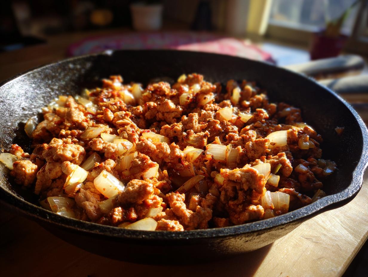 Ground turkey cooked with onions in a cast iron skillet, showing browned and seasoned meat.