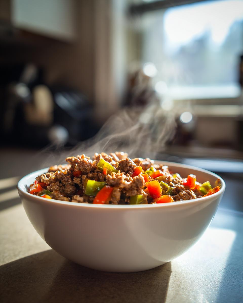 A white bowl filled with steaming ground turkey and chopped bell peppers, a delicious component of ground turkey recipes.