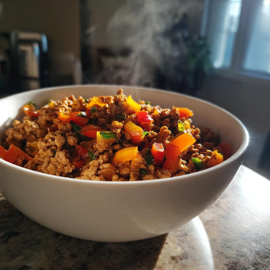 A white bowl filled with steaming ground turkey and colorful diced bell peppers, a delicious dish from ground turkey recipes.