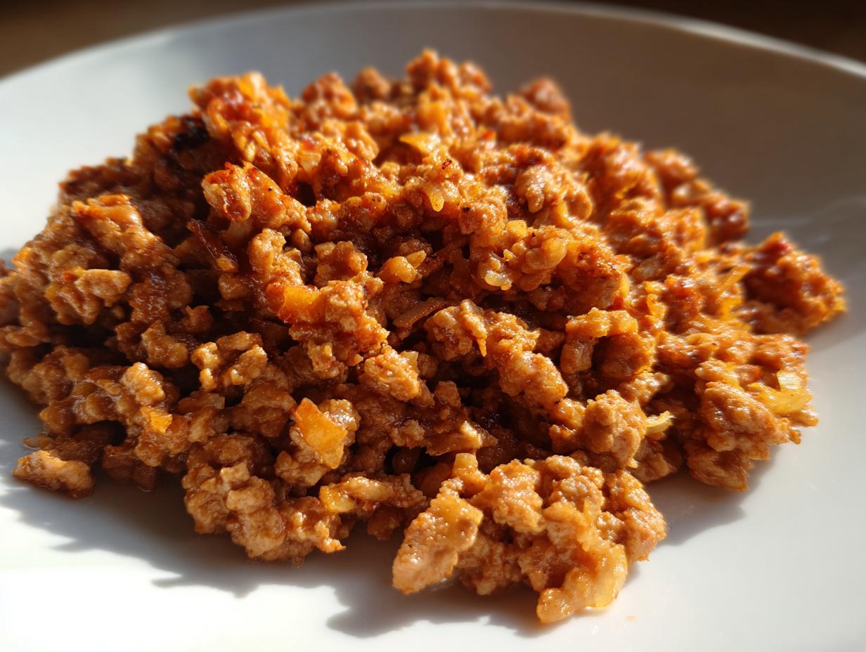 A close-up of a delicious ground turkey recipe, seasoned and cooked to perfection on a white plate.