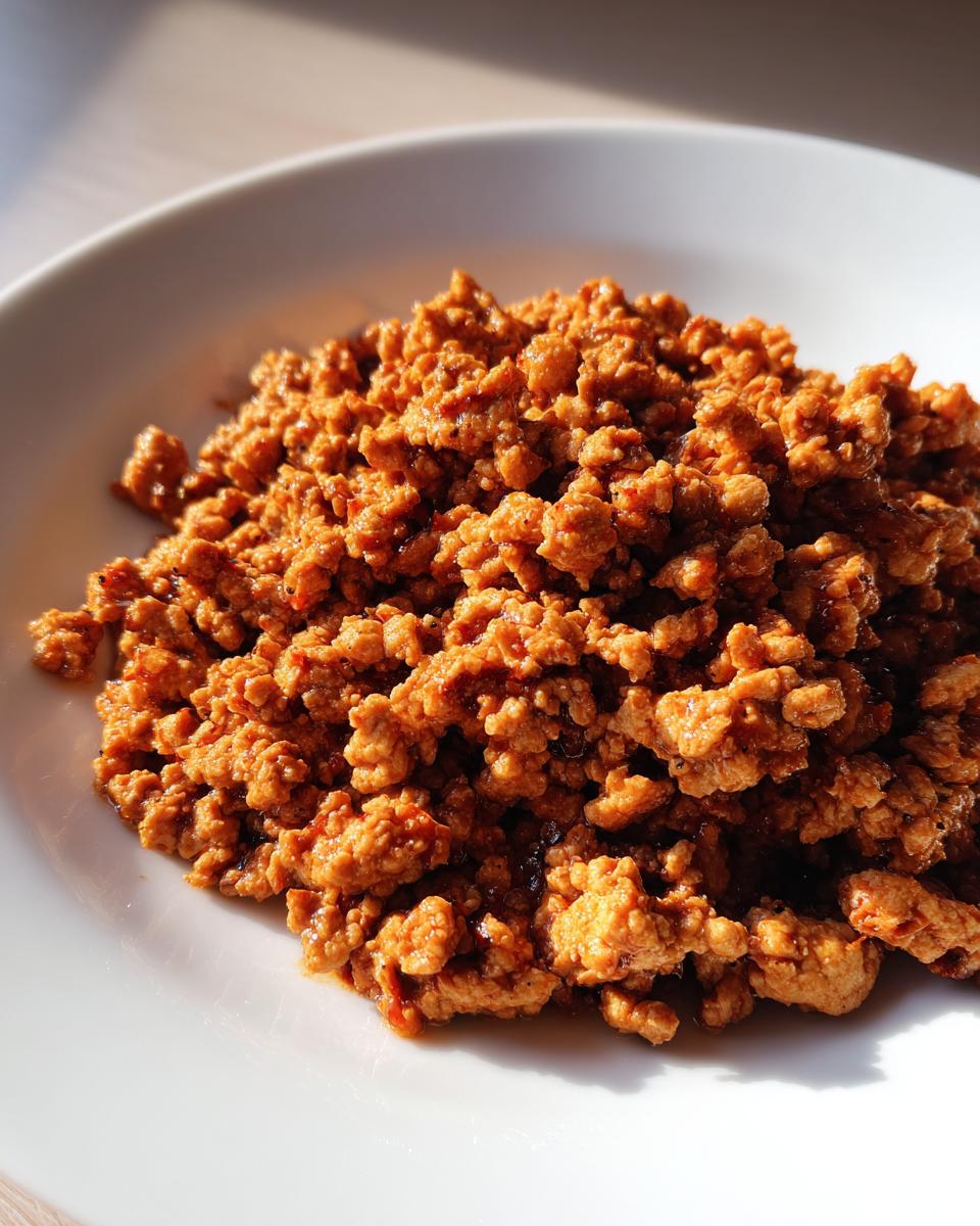 A close-up of seasoned ground turkey piled on a white plate, ready for quick and tasty dinners.
