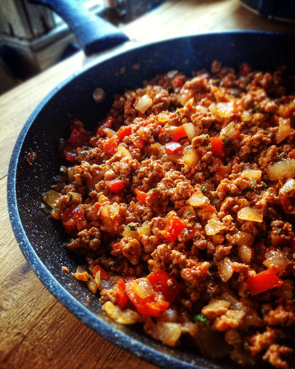 Ground turkey recipes cooked in a skillet with diced onions and red bell peppers