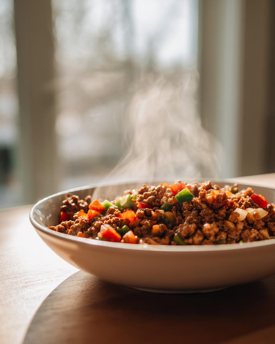 A close-up of a bowl filled with steaming ground turkey mixed with diced red and green bell peppers.