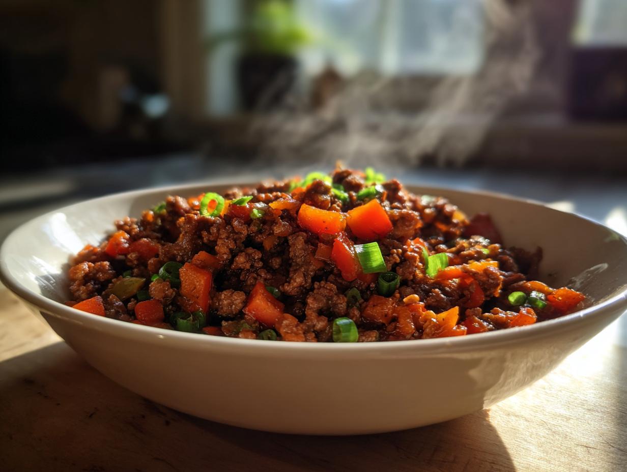 A close-up of a white bowl filled with steaming ground turkey and diced vegetables, garnished with green onions.