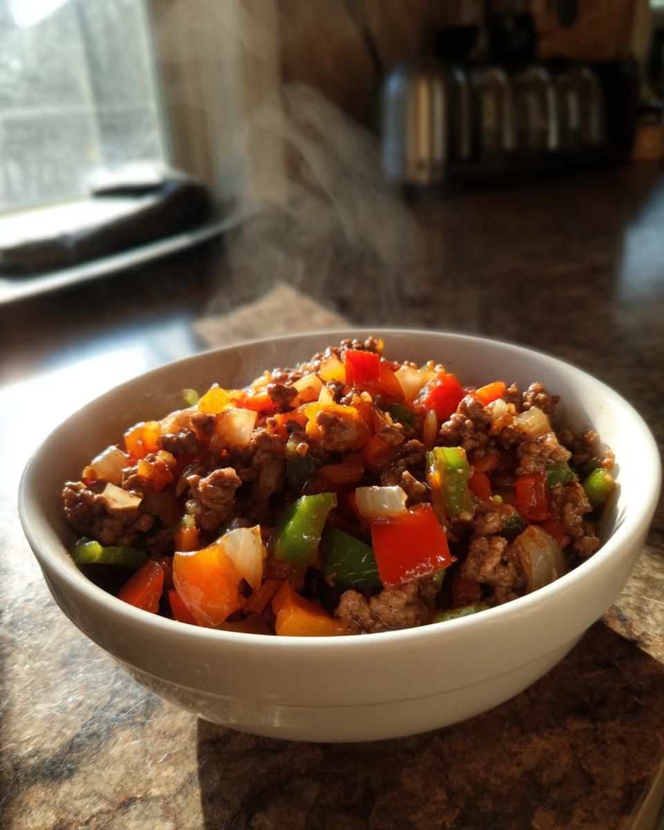 A steaming bowl of ground turkey recipes mixed with colorful diced bell peppers and onions.