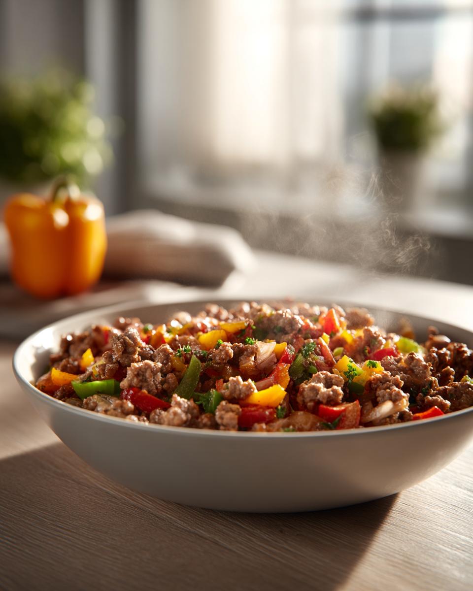 A steaming bowl of ground turkey recipes with colorful bell peppers and onions, ready to be served.