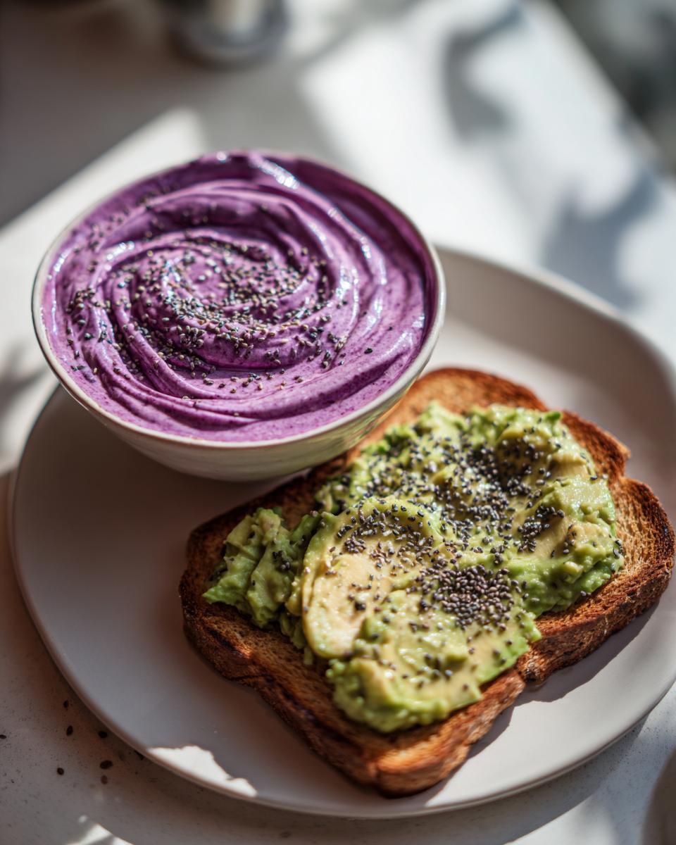 Close-up of avocado toast and a vibrant purple berry smoothie, sprinkled with chia seeds, perfect for healthy breakfast ideas.