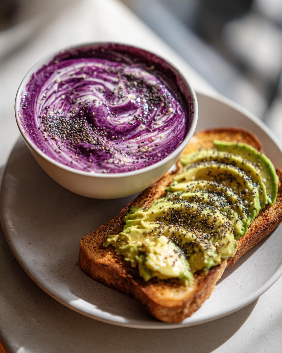 A visually appealing breakfast with avocado toast topped with chia seeds and a vibrant purple yogurt bowl, showcasing healthy breakfast ideas.