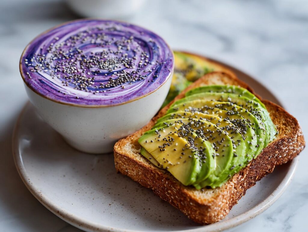 A vibrant and healthy breakfast featuring avocado toast sprinkled with chia seeds and a purple yogurt bowl with chia seeds.
