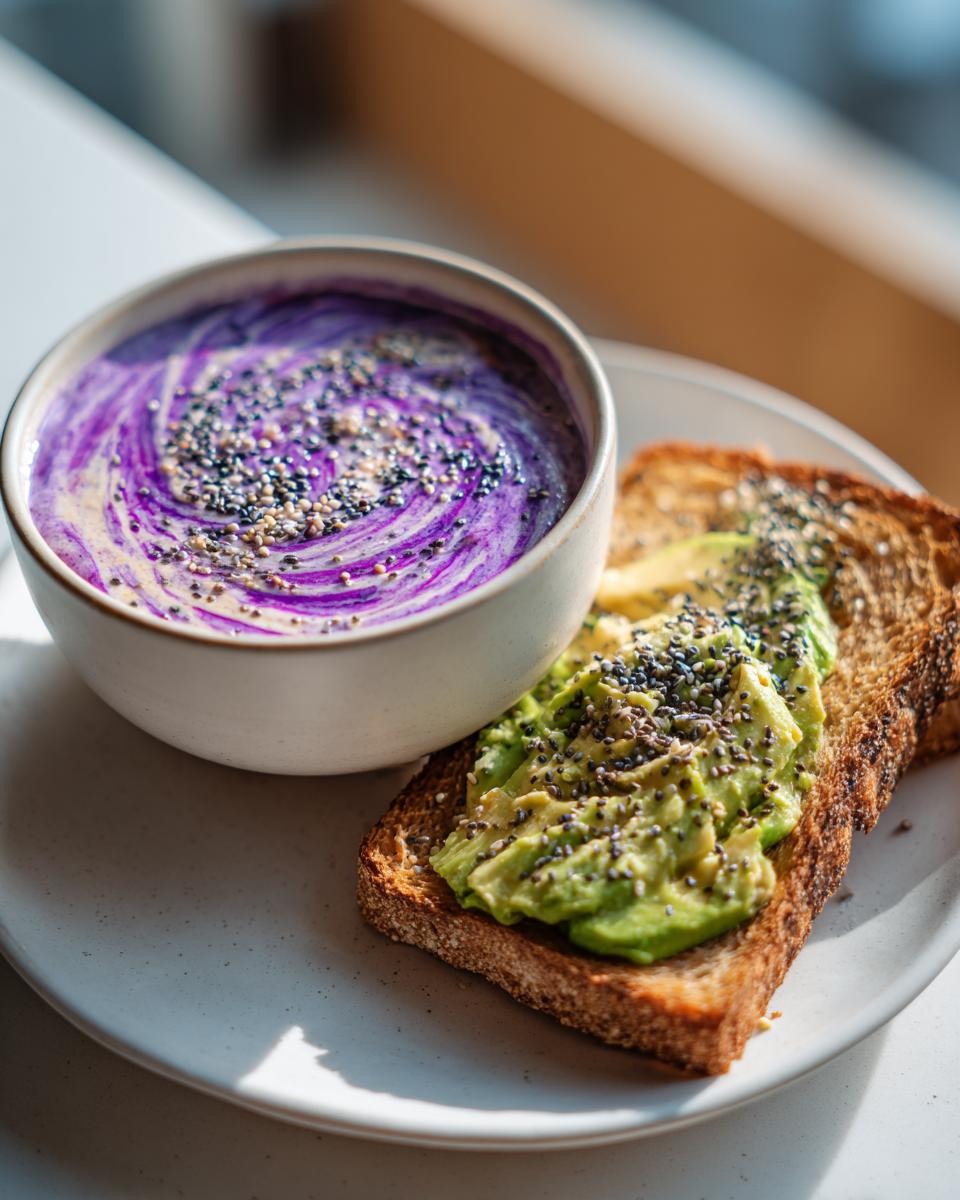 Vibrant purple smoothie bowl with chia seeds next to avocado toast, showcasing healthy breakfast ideas.