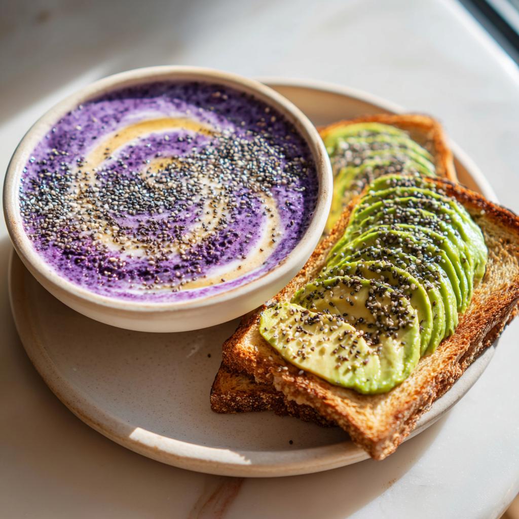 A vibrant purple smoothie bowl topped with chia seeds and a swirl of yogurt, next to two slices of avocado toast, showcasing healthy breakfast ideas.