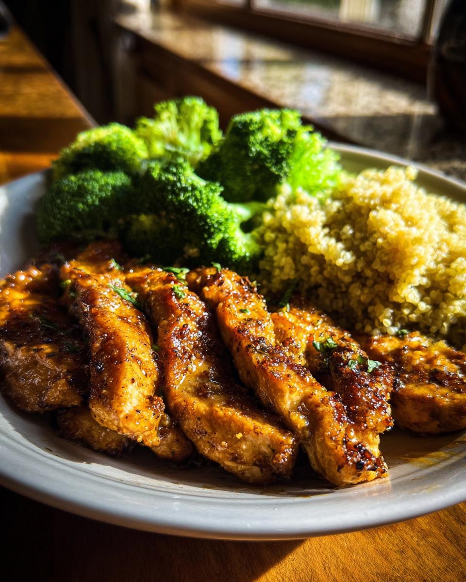A plate of healthy dinner recipes featuring sliced chicken, steamed broccoli, and quinoa.