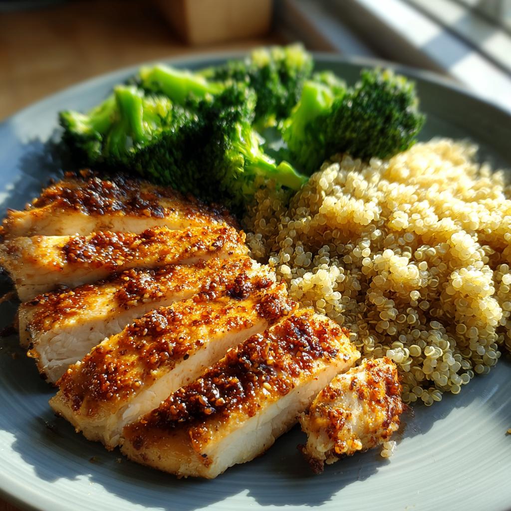 A plate with sliced chicken breast, fluffy quinoa, and steamed broccoli, perfect for healthy dinner recipes.