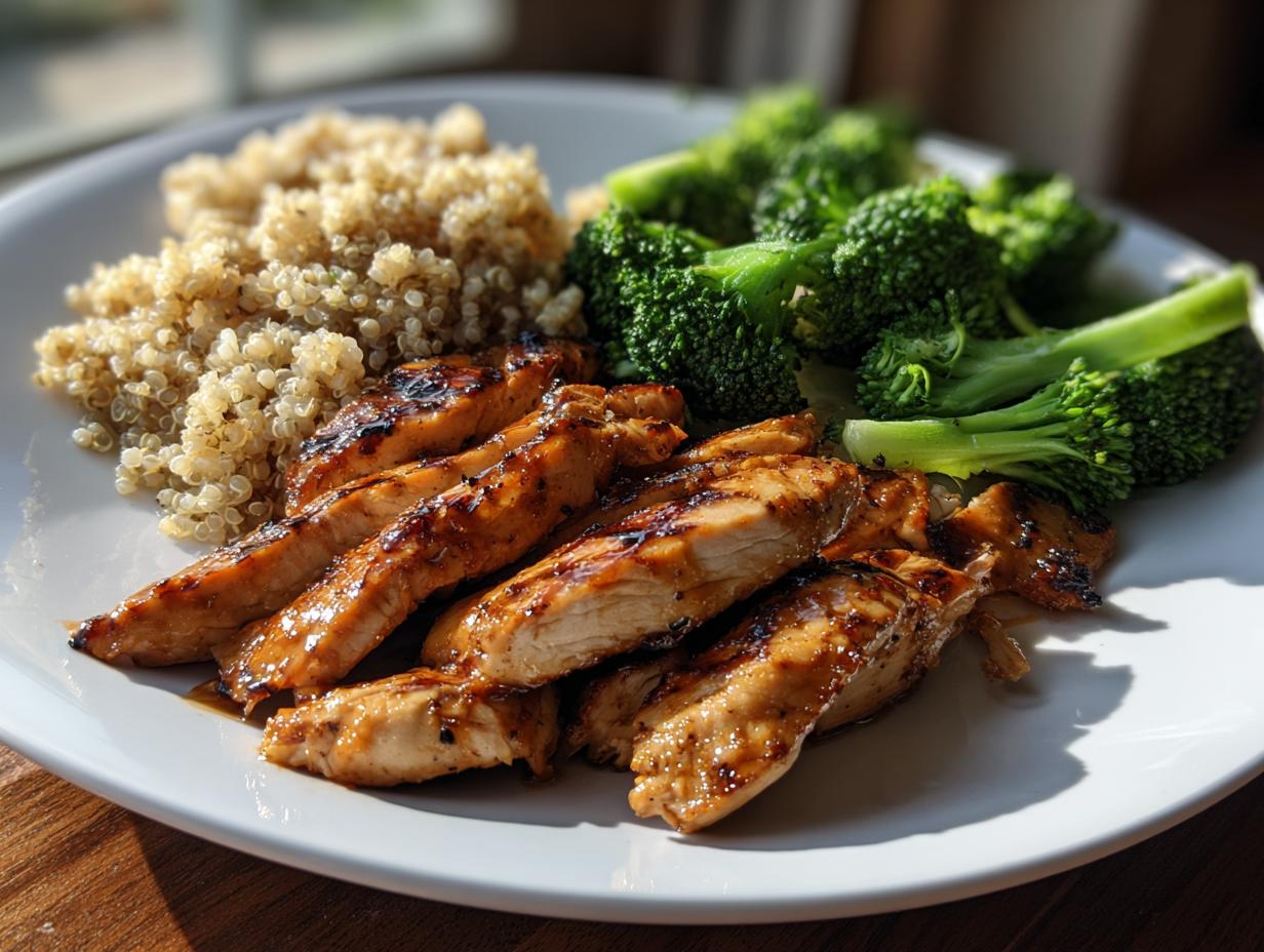 A plate of healthy dinner featuring grilled chicken strips, fluffy quinoa, and steamed broccoli florets.