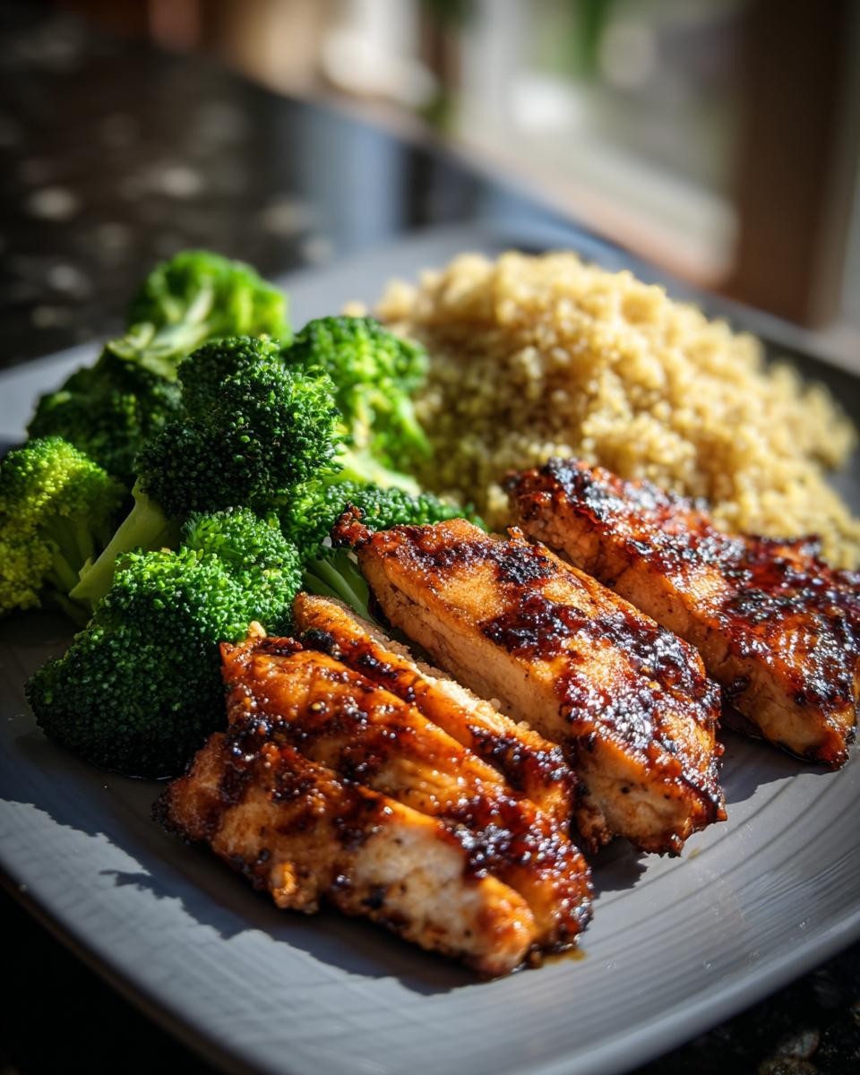 A plate of healthy dinner recipes featuring glazed chicken breast slices, steamed broccoli, and fluffy quinoa.