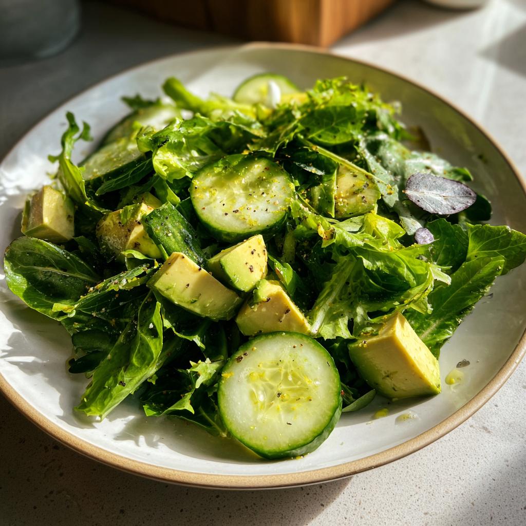 Healthy dinner recipes featuring a fresh green salad with avocado chunks and cucumber slices.