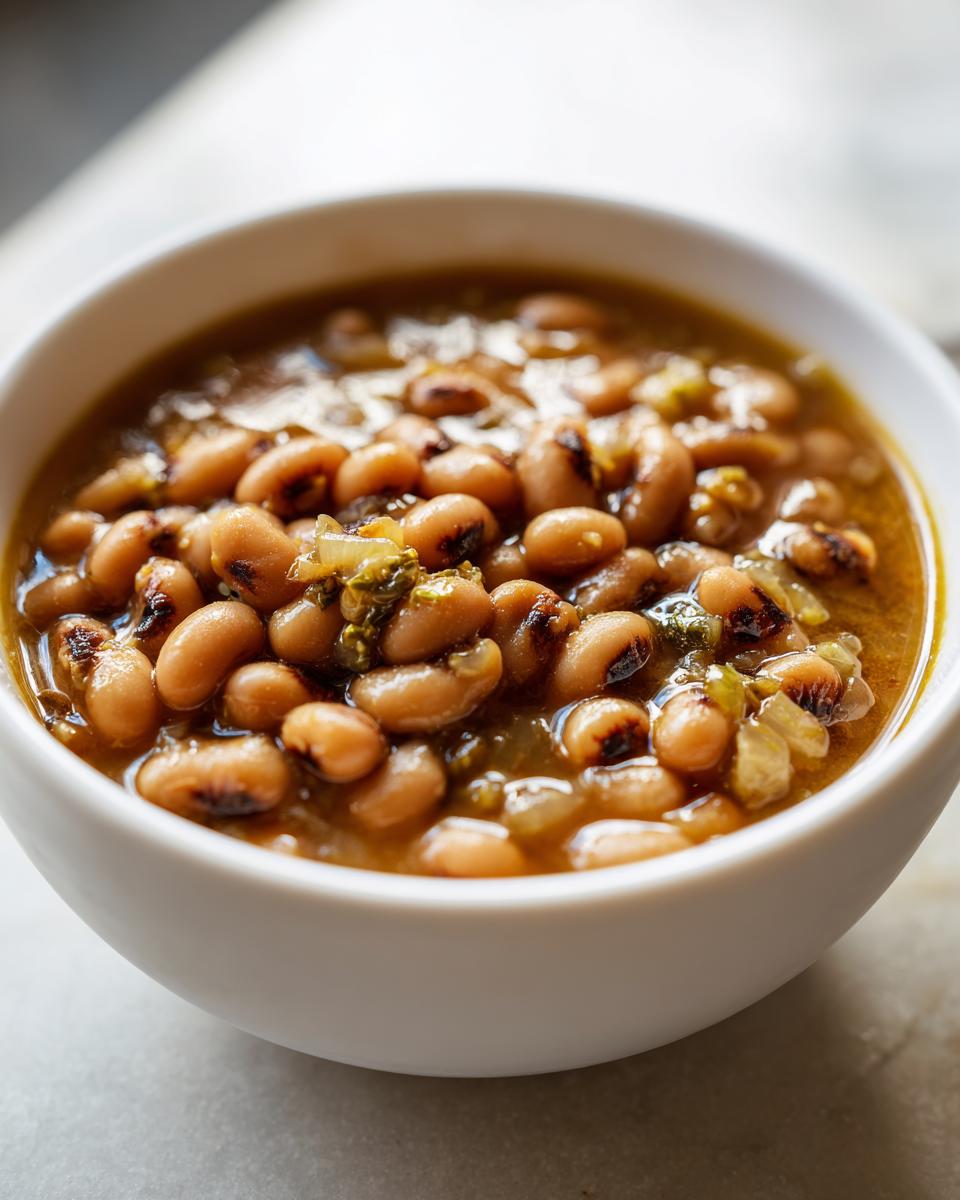 Close-up of a white bowl filled with a hearty black eyed peas recipe in a savory broth.