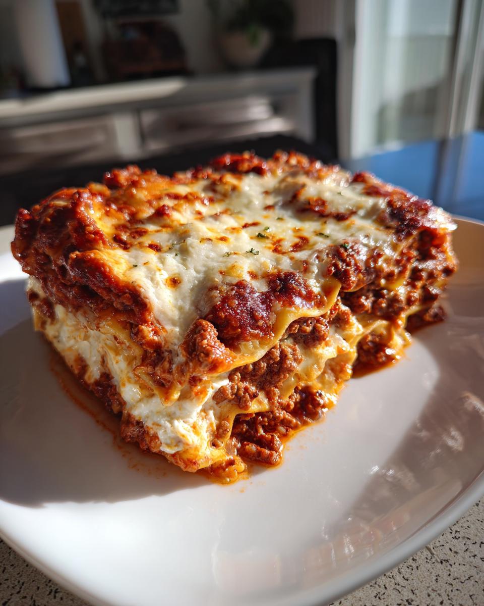 Close-up of a slice of 3-layer lasagna with meat, cheese, and tomato sauce on a white plate.