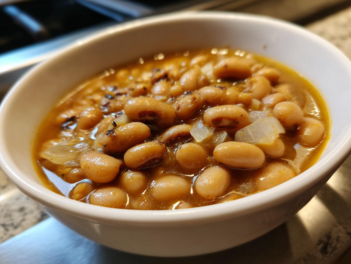 Close-up of a white bowl filled with a hearty black eyed peas recipe, featuring tender beans and onions in a savory broth.
