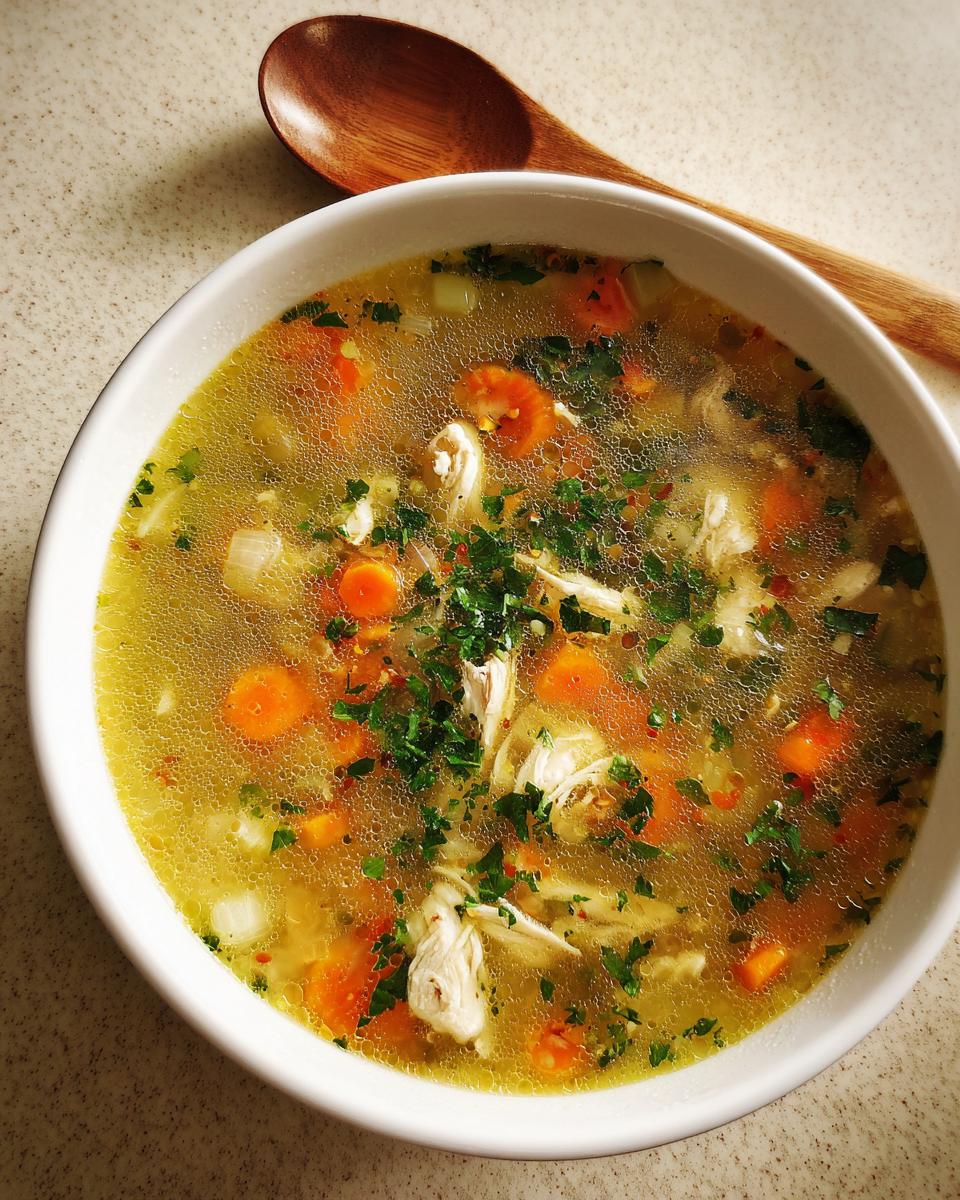 A close-up overhead view of a white bowl filled with hearty chicken soup, featuring shredded chicken, carrots, and herbs.