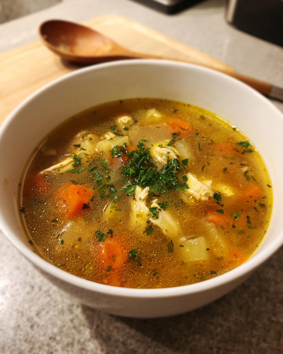 A close-up of a steaming bowl of chicken soup, featuring shredded chicken, carrots, potatoes, and fresh parsley.