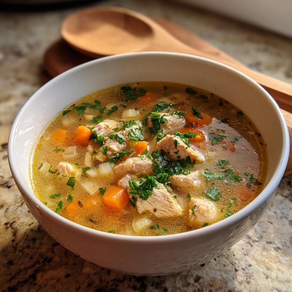 A close-up of a bowl filled with hearty chicken soup, featuring tender chicken pieces, carrots, and herbs.