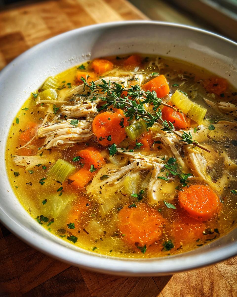 Bowl of hearty chicken soup with shredded chicken, carrots, celery, and herbs.