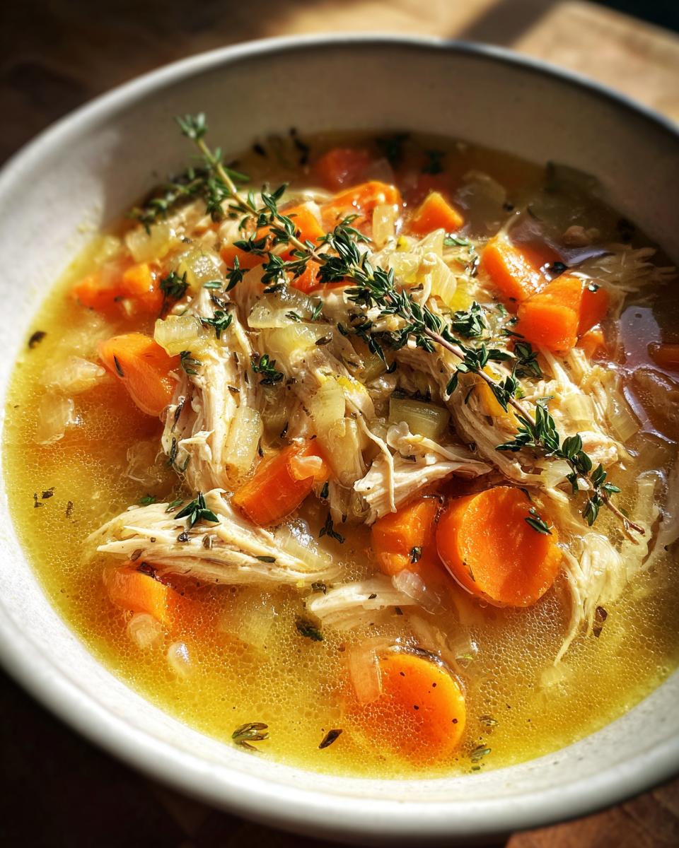 Bowl of homemade chicken soup recipes with shredded chicken, carrots, thyme, and broth.
