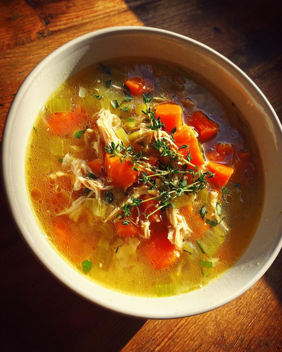 Bowl of chicken soup with carrots, celery, shredded chicken, and fresh herbs on wooden table.
