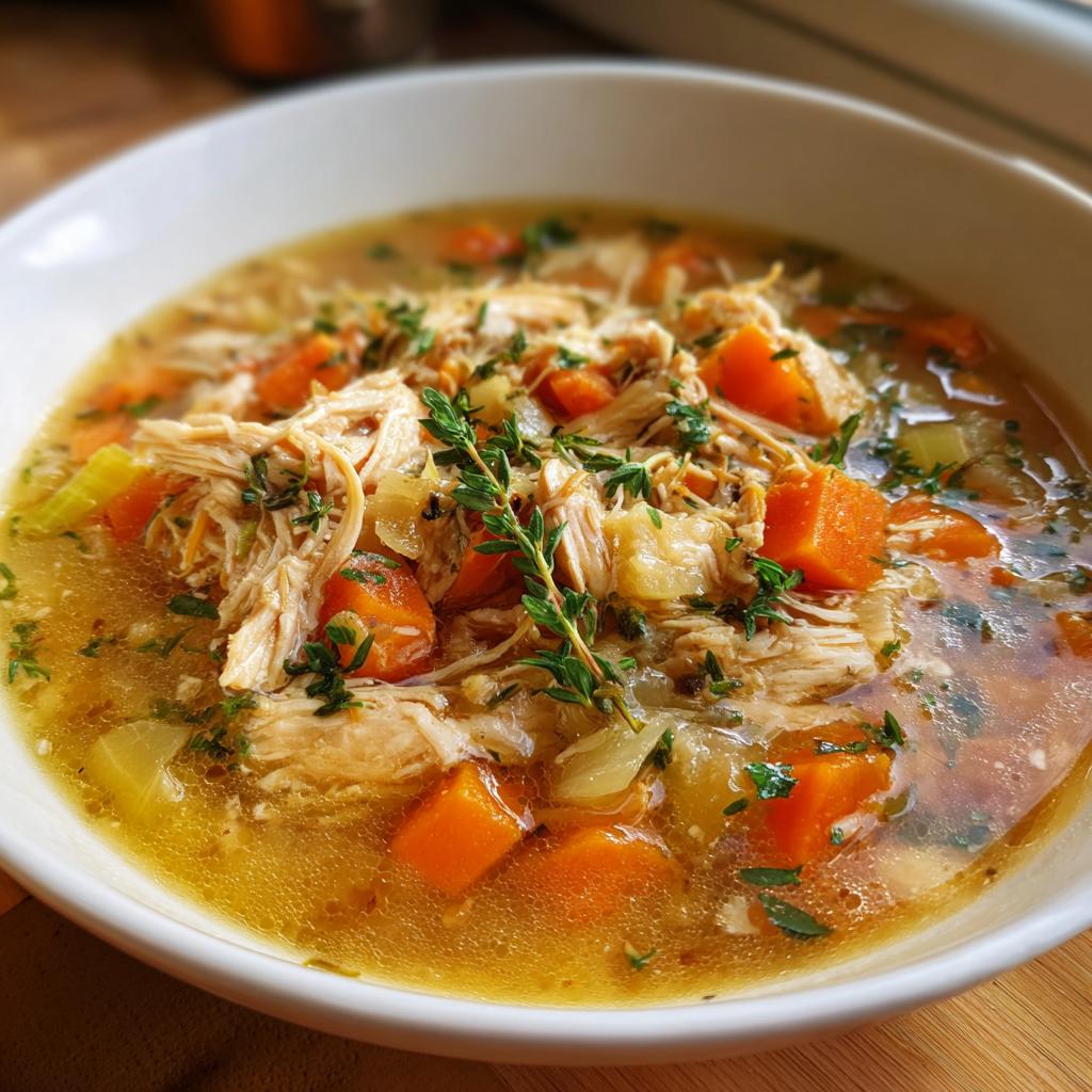 Bowl of hearty chicken soup recipe with shredded chicken, carrots, celery, and fresh herbs.