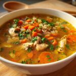 A close-up of a bowl of hearty chicken soup, featuring shredded chicken, carrots, celery, and herbs in a rich broth.
