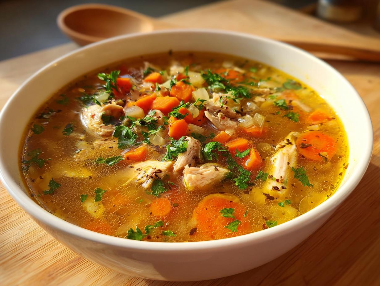 A close-up of a bowl of hearty chicken soup, featuring shredded chicken, carrots, celery, and herbs in a rich broth.