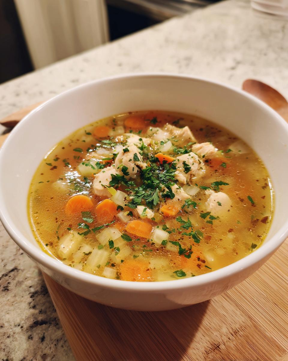 A close-up of a comforting bowl of chicken soup recipes, filled with shredded chicken, carrots, celery, and herbs.