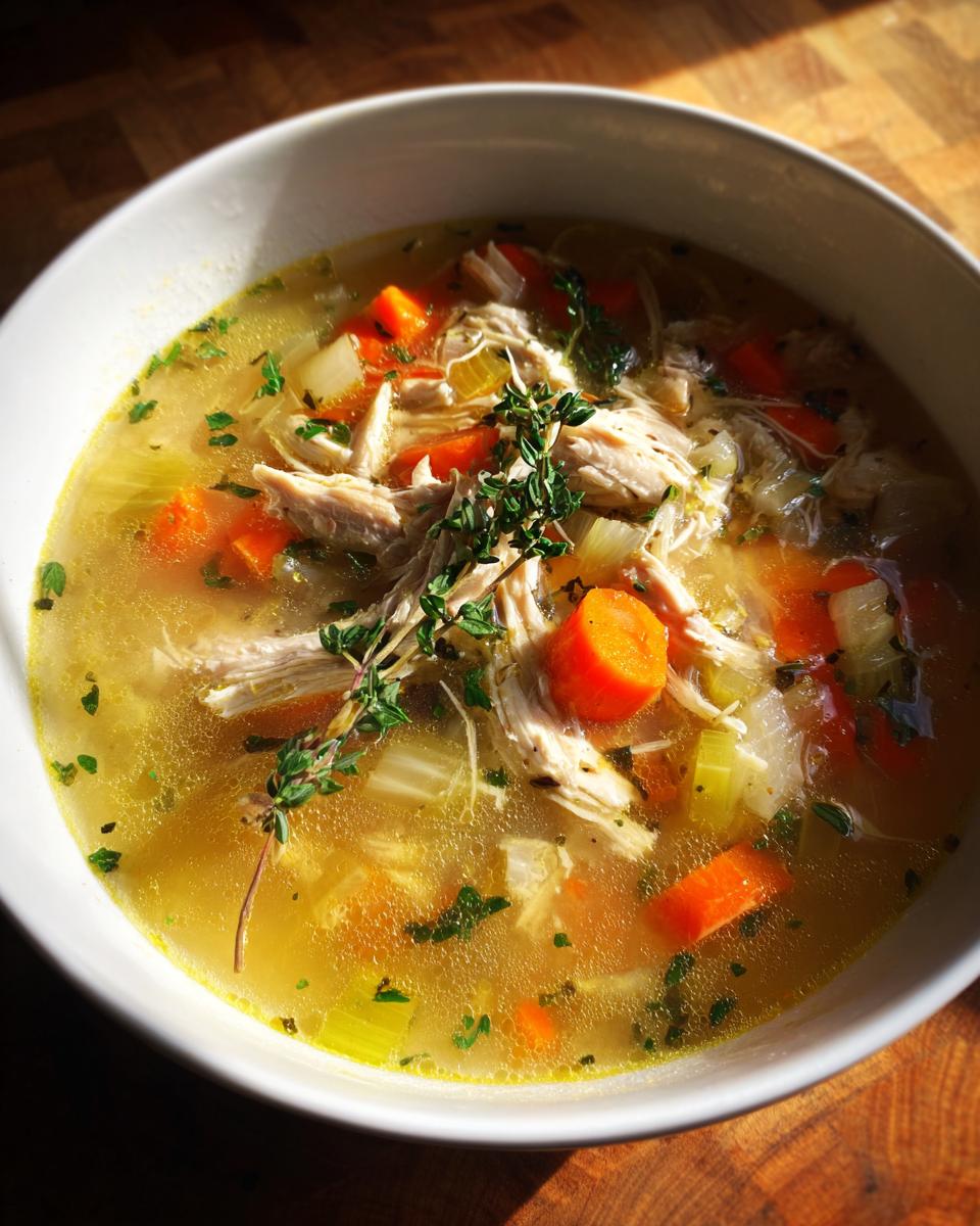Bowl of homemade chicken soup recipes with shredded chicken, carrots, celery, and fresh herbs