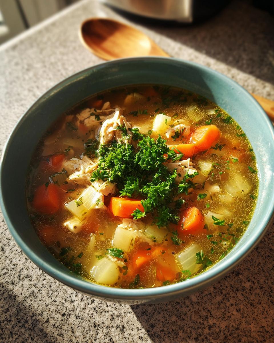 A close-up of a bowl of hearty chicken soup recipes, filled with shredded chicken, carrots, potatoes, and parsley.
