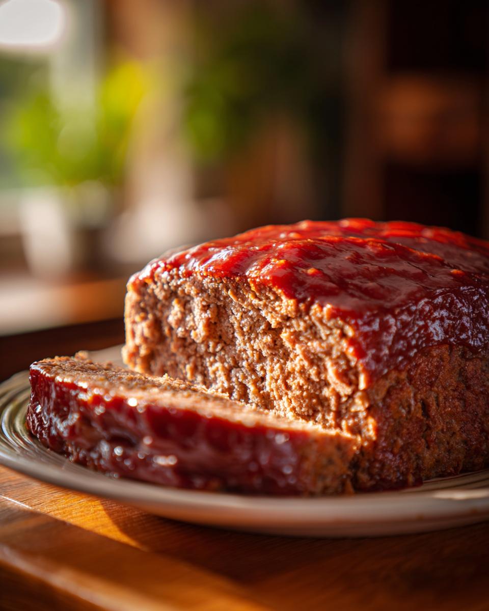 A slice of juicy meatloaf topped with a glossy ketchup glaze, ready to be served.