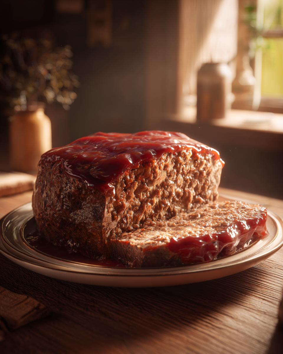 A slice of a hearty meatloaf recipe, topped with a rich, glossy glaze, on a plate.
