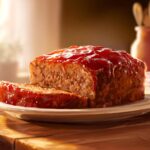 A slice of hearty meatloaf recipe topped with a glossy red glaze, served on a white plate.