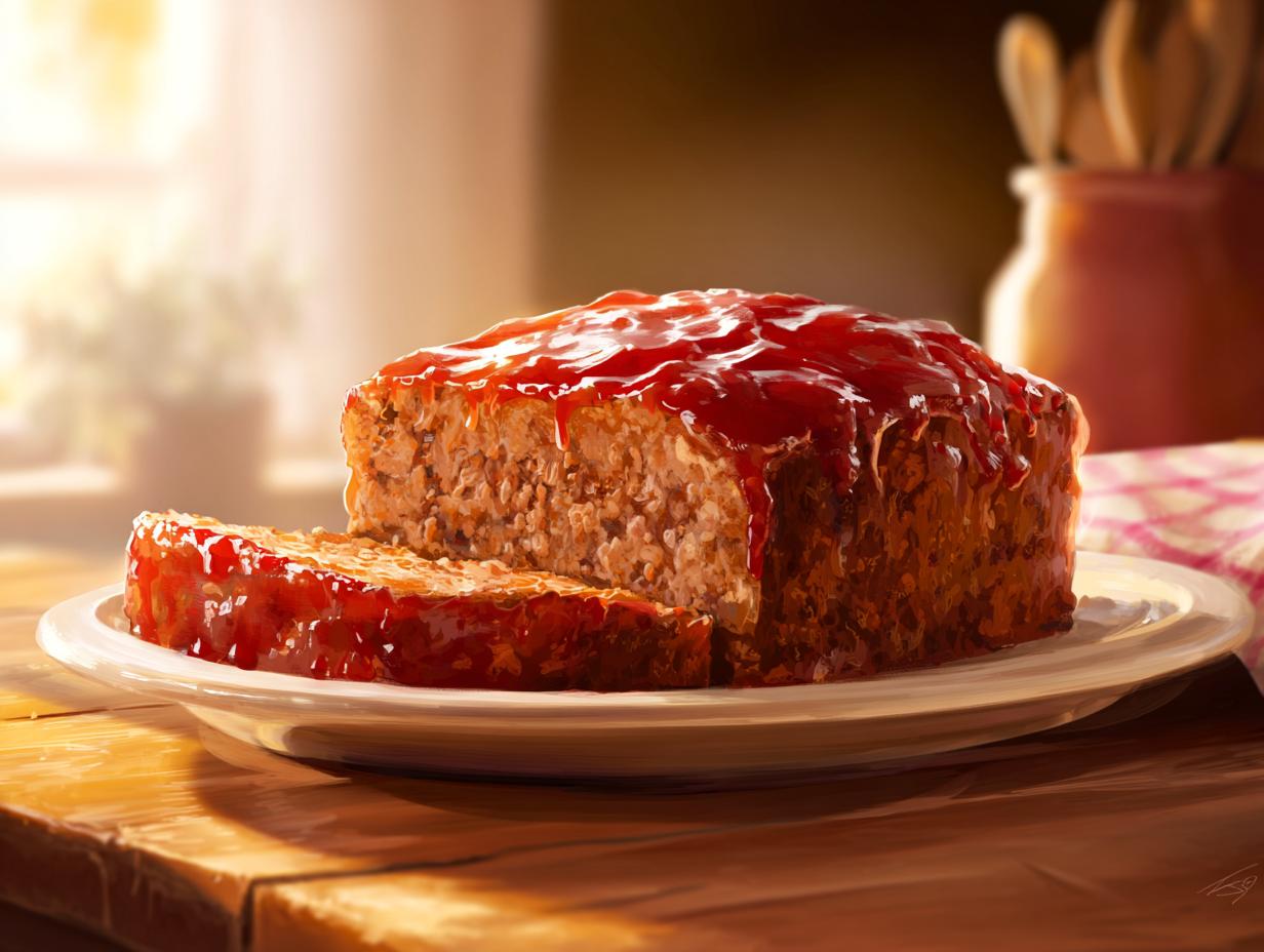A slice of hearty meatloaf recipe topped with a glossy red glaze, served on a white plate.