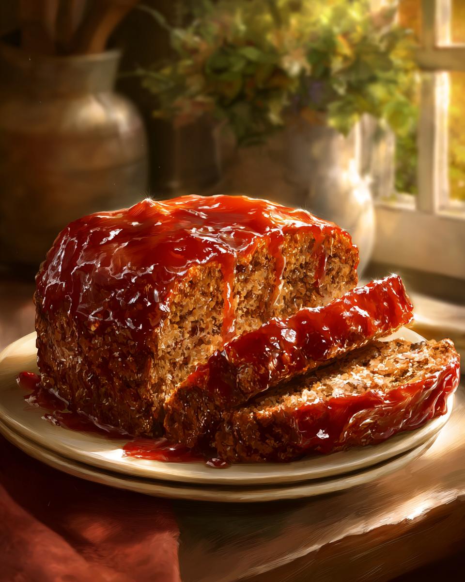 A delicious meatloaf recipe, sliced and covered in a glossy red glaze, served on a plate.