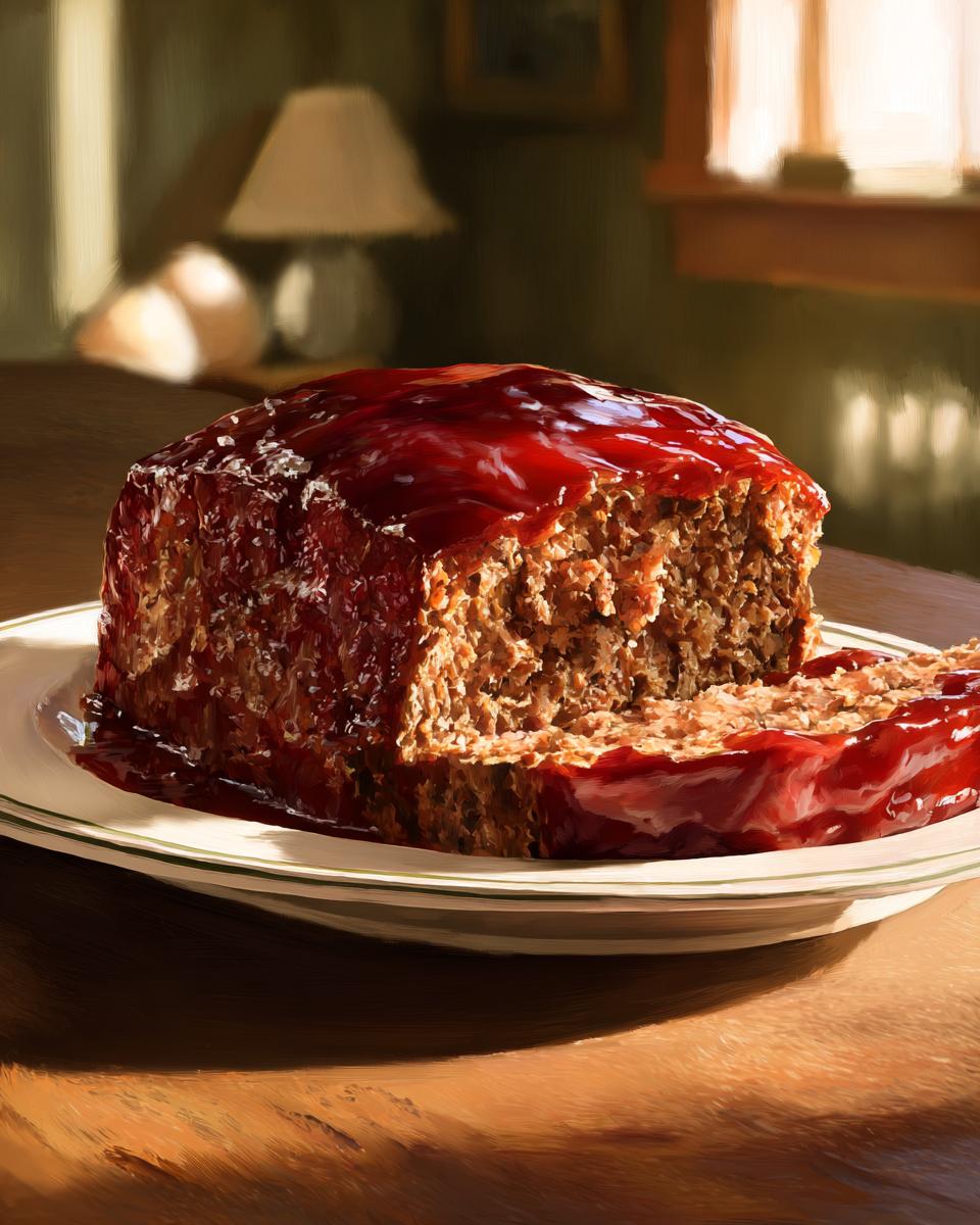 A slice of hearty meatloaf recipe, covered in a glossy red glaze, served on a white plate.