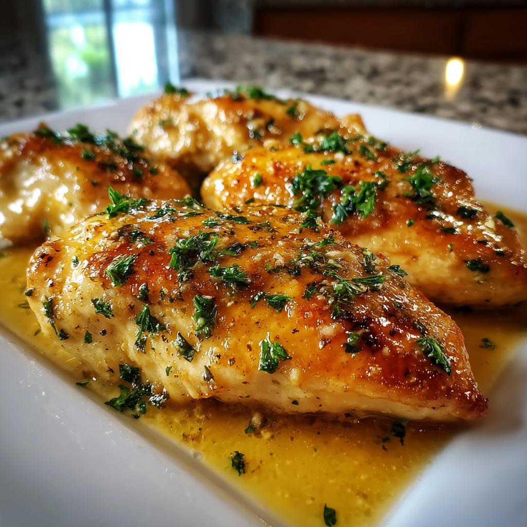Close-up of golden herb chicken breasts in sauce on a white plate, garnished with fresh parsley.