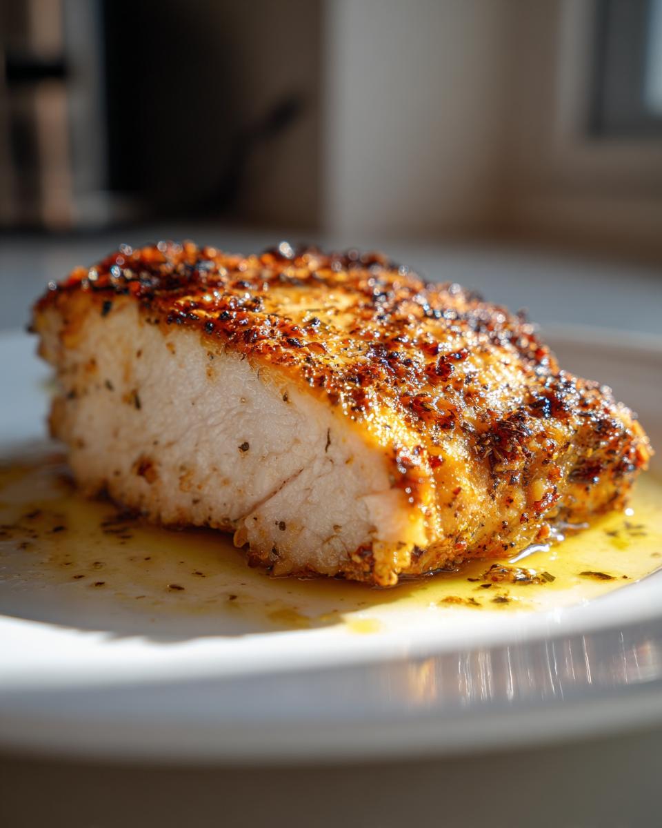 Close-up of a juicy herb-crusted chicken breast with seasoning and cooking juices on a white plate