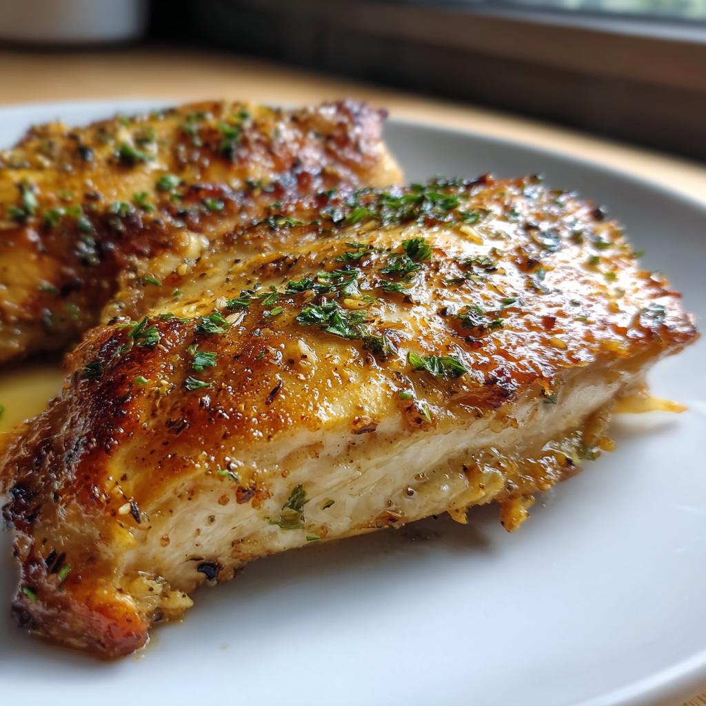 Close-up of golden herb-crusted pan-seared chicken seasoned with spices on a white plate