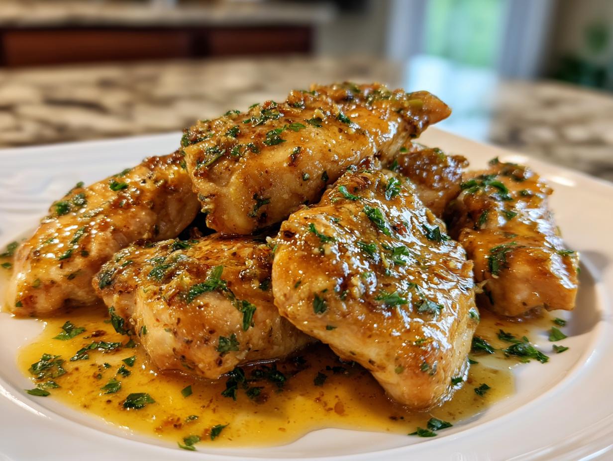 Plate of herb-seasoned chicken pieces glazed with sauce for chicken dinner ideas.