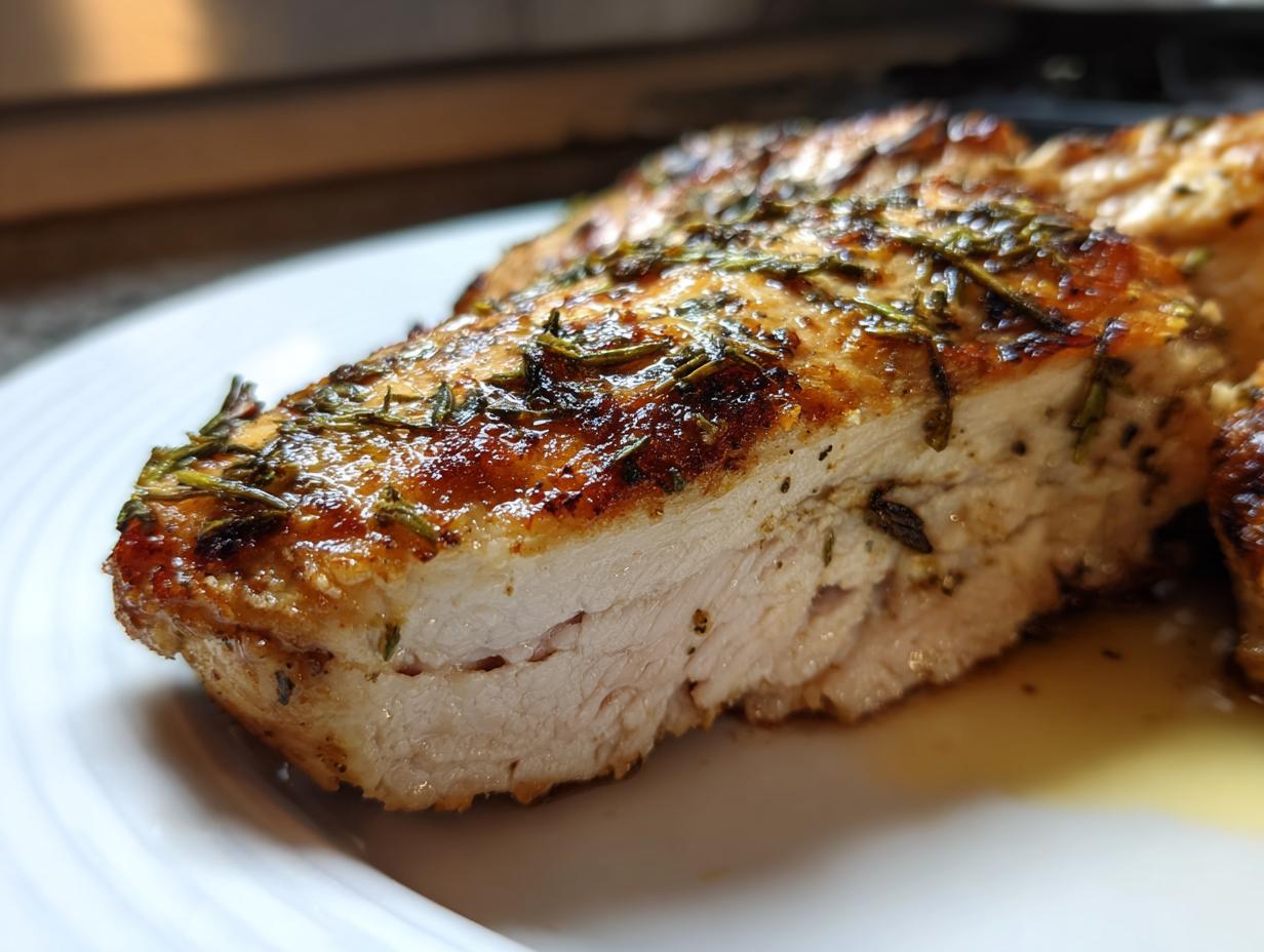 Close-up of a juicy herb-grilled chicken breast slice on a white plate.