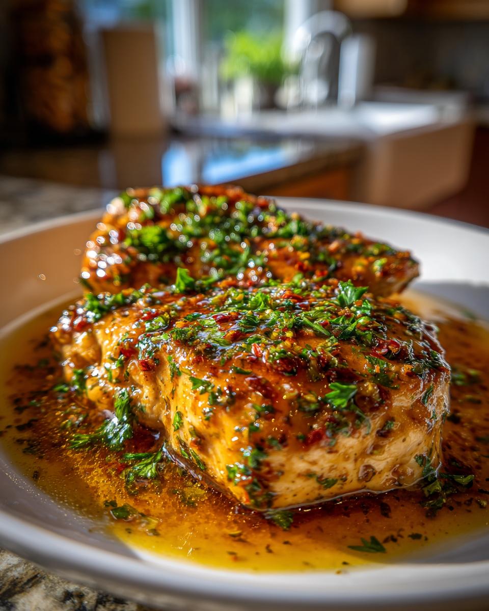 Close-up of two herb-marinated cooked chicken breasts in flavorful sauce on a white plate.